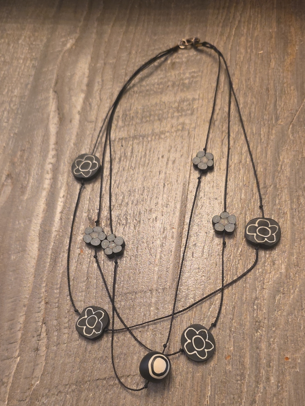 Black Floral Multi-Strand Pendant Necklace Fimo Handmade